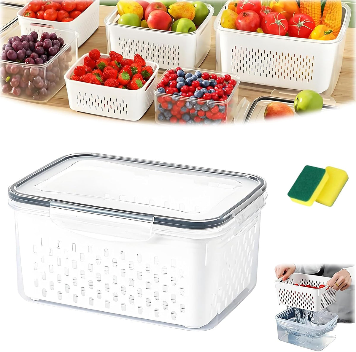4 in 1 Food Storage Container, Fruit Storage Containers for Fridge, Produce Storage Containers with Lid and Strainer, Including Drain Basket, Multipurpose Large Fruit Containers for Fridge (3PC-White)