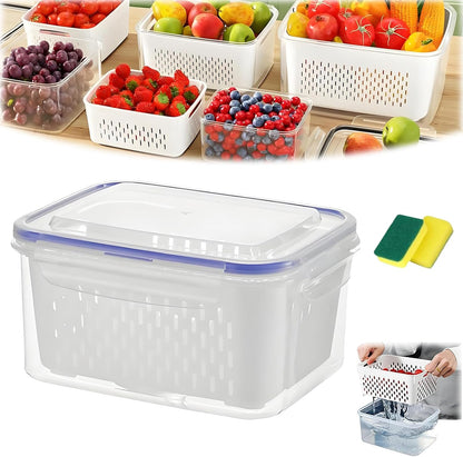 4 in 1 Food Storage Container, Fruit Storage Containers for Fridge, Produce Storage Containers with Lid and Strainer, Including Drain Basket, Multipurpose Large Fruit Containers for Fridge (3PC-White)