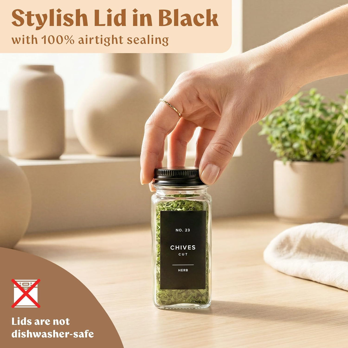 Glass Spice Jars with Labels (24 x 4oz) Spice Containers with 240 Labels, Shaker Inserts, Funnel, Empty Square Empty Square Seasoning Organizer (Black Lids)