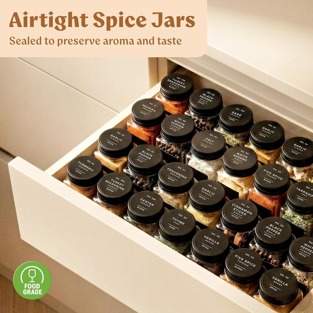 Glass Spice Jars with Labels (24 x 4oz) Spice Containers with 240 Labels, Shaker Inserts, Funnel, Empty Square Empty Square Seasoning Organizer (Black Lids)