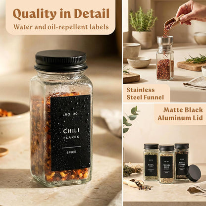 Glass Spice Jars with Labels (24 x 4oz) Spice Containers with 240 Labels, Shaker Inserts, Funnel, Empty Square Empty Square Seasoning Organizer (Black Lids)