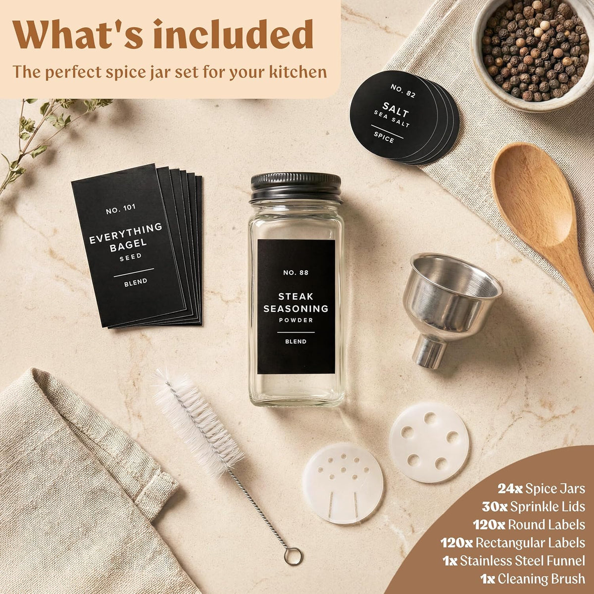Glass Spice Jars with Labels (24 x 4oz) Spice Containers with 240 Labels, Shaker Inserts, Funnel, Empty Square Empty Square Seasoning Organizer (Black Lids)