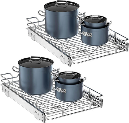 Pull Out Cabinet Organizer 2 Pack (12" W x 21" D), Pull out Shelves 1 Tier, Cabinet Slide Out Shelves for Base Cabinet Organization in Kitchen Bathroom Pantry, Bottom Mount, Chrome Finish