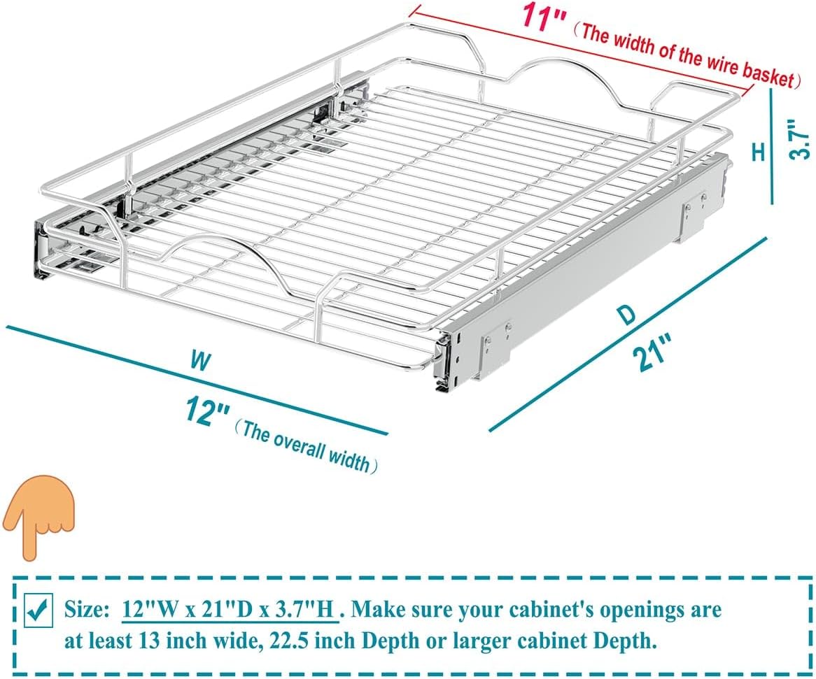 Pull Out Cabinet Organizer 2 Pack (12" W x 21" D), Pull out Shelves 1 Tier, Cabinet Slide Out Shelves for Base Cabinet Organization in Kitchen Bathroom Pantry, Bottom Mount, Chrome Finish
