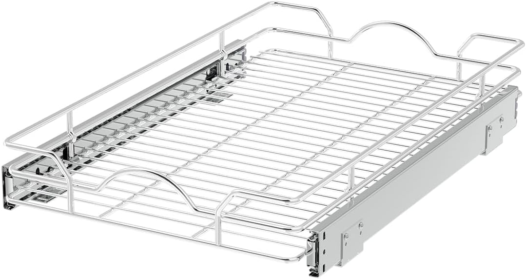 Pull Out Cabinet Organizer 2 Pack (12" W x 21" D), Pull out Shelves 1 Tier, Cabinet Slide Out Shelves for Base Cabinet Organization in Kitchen Bathroom Pantry, Bottom Mount, Chrome Finish