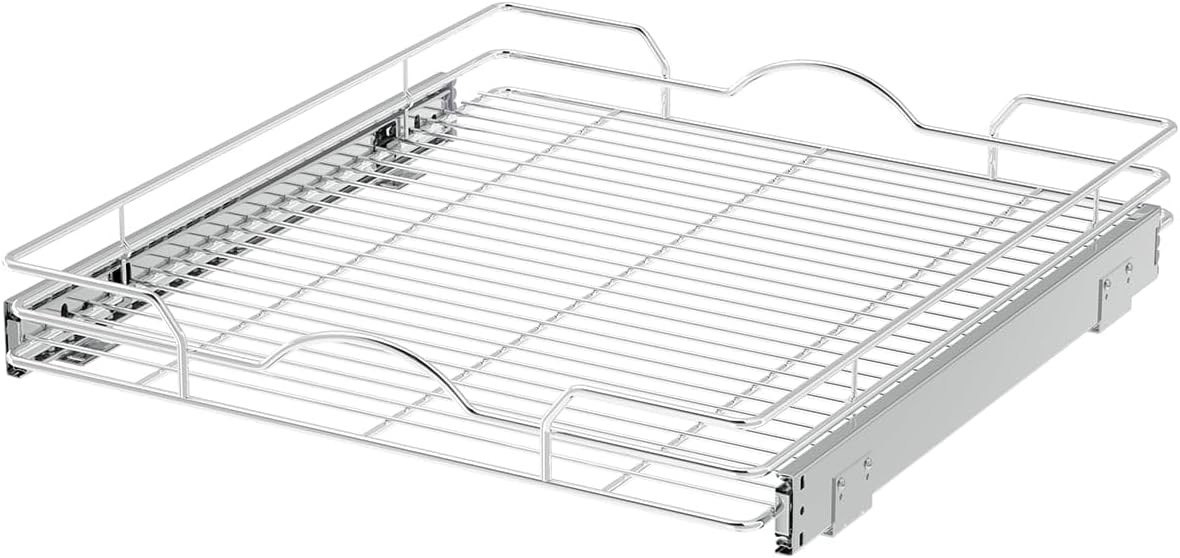 Pull Out Cabinet Organizer 2 Pack (12" W x 21" D), Pull out Shelves 1 Tier, Cabinet Slide Out Shelves for Base Cabinet Organization in Kitchen Bathroom Pantry, Bottom Mount, Chrome Finish