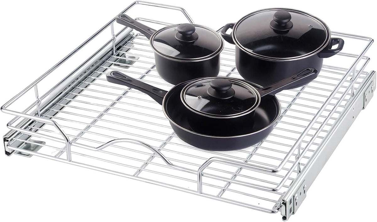Pull Out Cabinet Organizer 2 Pack (12" W x 21" D), Pull out Shelves 1 Tier, Cabinet Slide Out Shelves for Base Cabinet Organization in Kitchen Bathroom Pantry, Bottom Mount, Chrome Finish