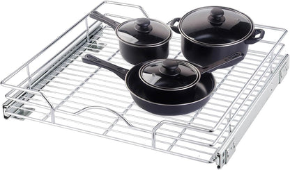 Pull Out Cabinet Organizer 2 Pack (12" W x 21" D), Pull out Shelves 1 Tier, Cabinet Slide Out Shelves for Base Cabinet Organization in Kitchen Bathroom Pantry, Bottom Mount, Chrome Finish