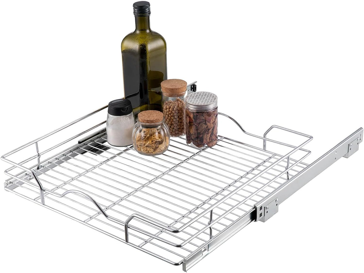 Pull Out Cabinet Organizer 2 Pack (12" W x 21" D), Pull out Shelves 1 Tier, Cabinet Slide Out Shelves for Base Cabinet Organization in Kitchen Bathroom Pantry, Bottom Mount, Chrome Finish