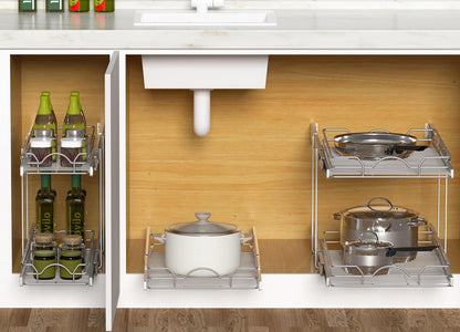 Pull Out Cabinet Organizer 2 Pack (12" W x 21" D), Pull out Shelves 1 Tier, Cabinet Slide Out Shelves for Base Cabinet Organization in Kitchen Bathroom Pantry, Bottom Mount, Chrome Finish