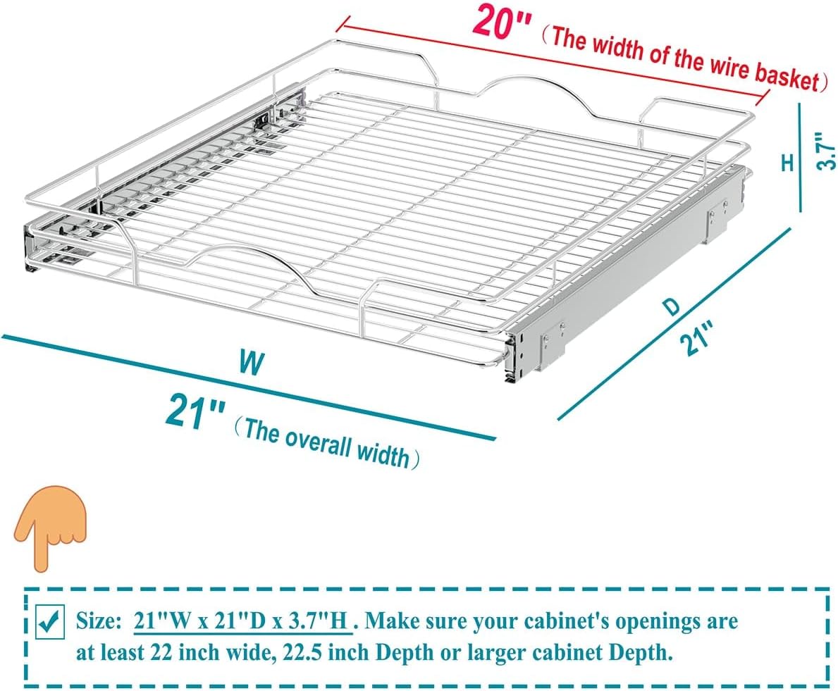 Pull Out Cabinet Organizer 2 Pack (12" W x 21" D), Pull out Shelves 1 Tier, Cabinet Slide Out Shelves for Base Cabinet Organization in Kitchen Bathroom Pantry, Bottom Mount, Chrome Finish