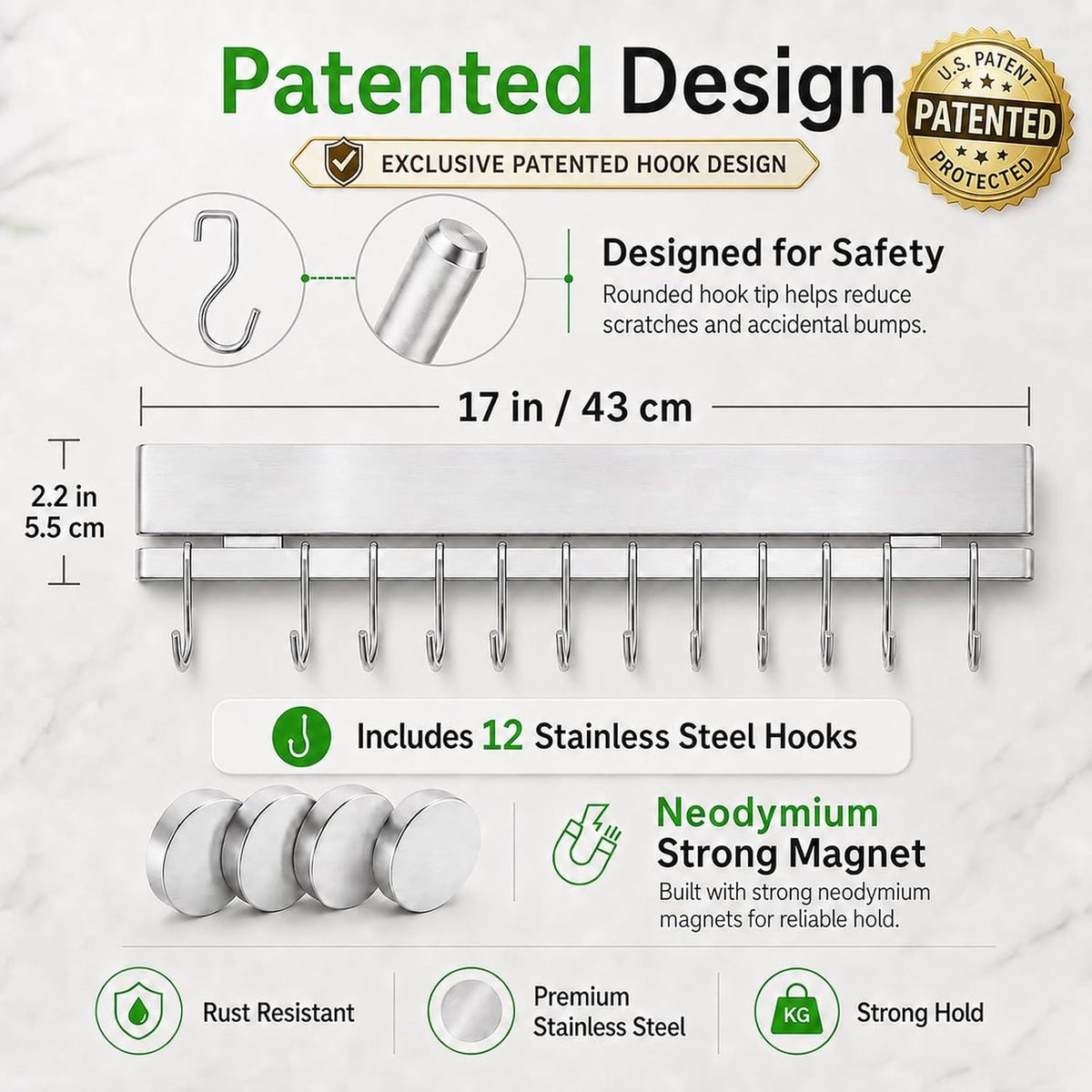 17 Inch Magnetic Knife Strip for Wall with 12 Hooks
