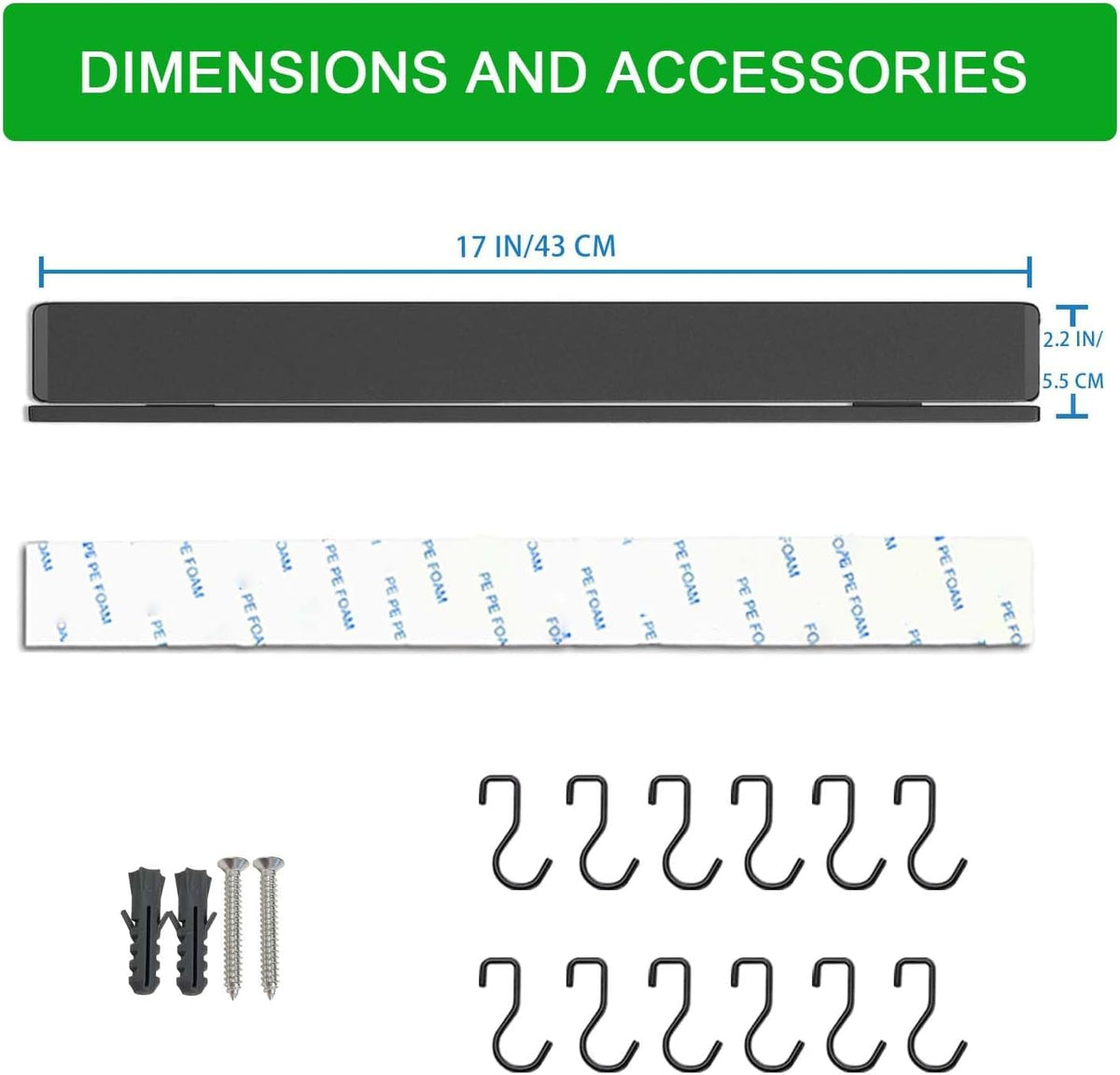 17 Inch Magnetic Knife Strip for Wall with 12 Hooks