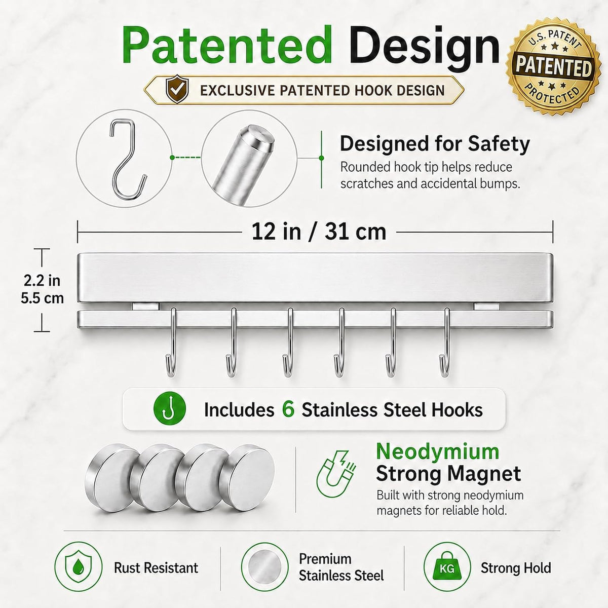 17 Inch Magnetic Knife Strip for Wall with 12 Hooks
