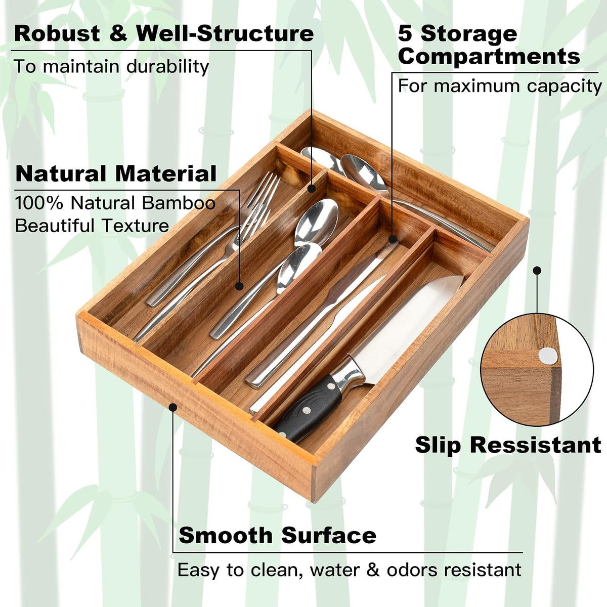Silverware Organizer Kitchen Drawer Organizer Utensil Organizer Bamboo Silverware Holder Cutlery Organizer in Drawer Flatware Organizer Tray(7 slots, Natural
