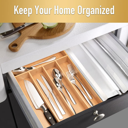Silverware Organizer Kitchen Drawer Organizer Utensil Organizer Bamboo Silverware Holder Cutlery Organizer in Drawer Flatware Organizer Tray(7 slots, Natural