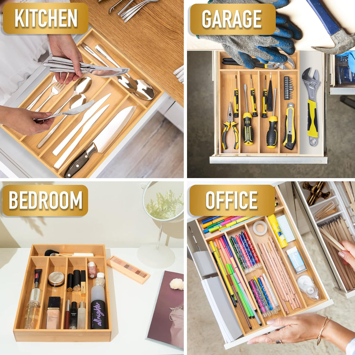 Silverware Organizer Kitchen Drawer Organizer Utensil Organizer Bamboo Silverware Holder Cutlery Organizer in Drawer Flatware Organizer Tray(7 slots, Natural
