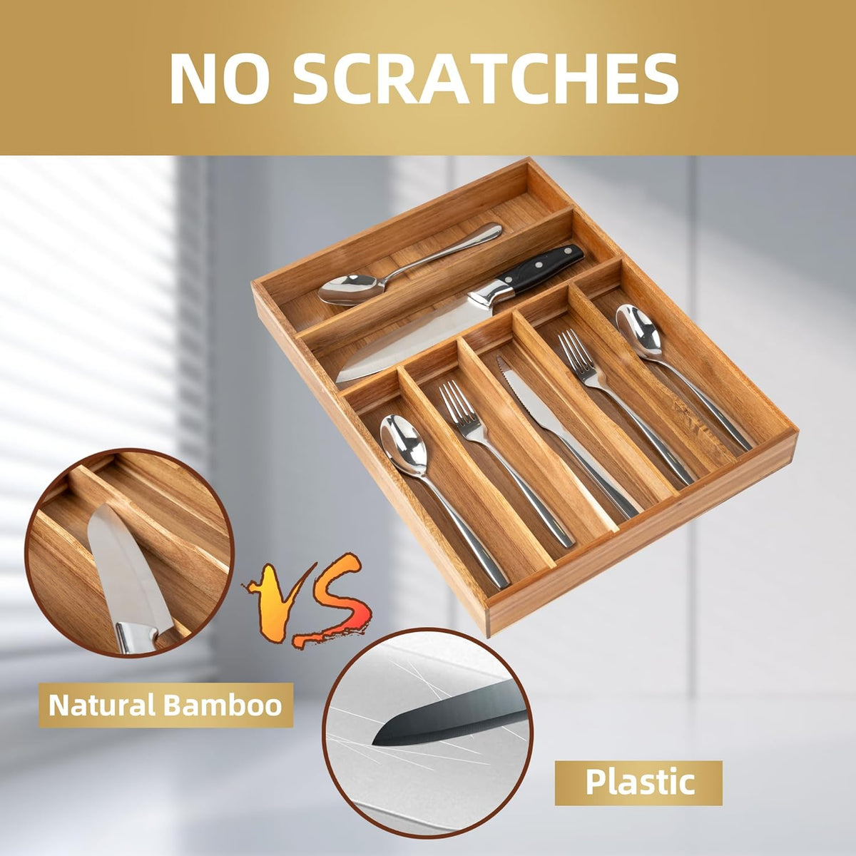 Silverware Organizer Kitchen Drawer Organizer Utensil Organizer Bamboo Silverware Holder Cutlery Organizer in Drawer Flatware Organizer Tray(7 slots, Natural