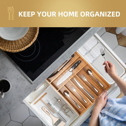 Silverware Organizer Kitchen Drawer Organizer Utensil Organizer Bamboo Silverware Holder Cutlery Organizer in Drawer Flatware Organizer Tray(7 slots, Natural