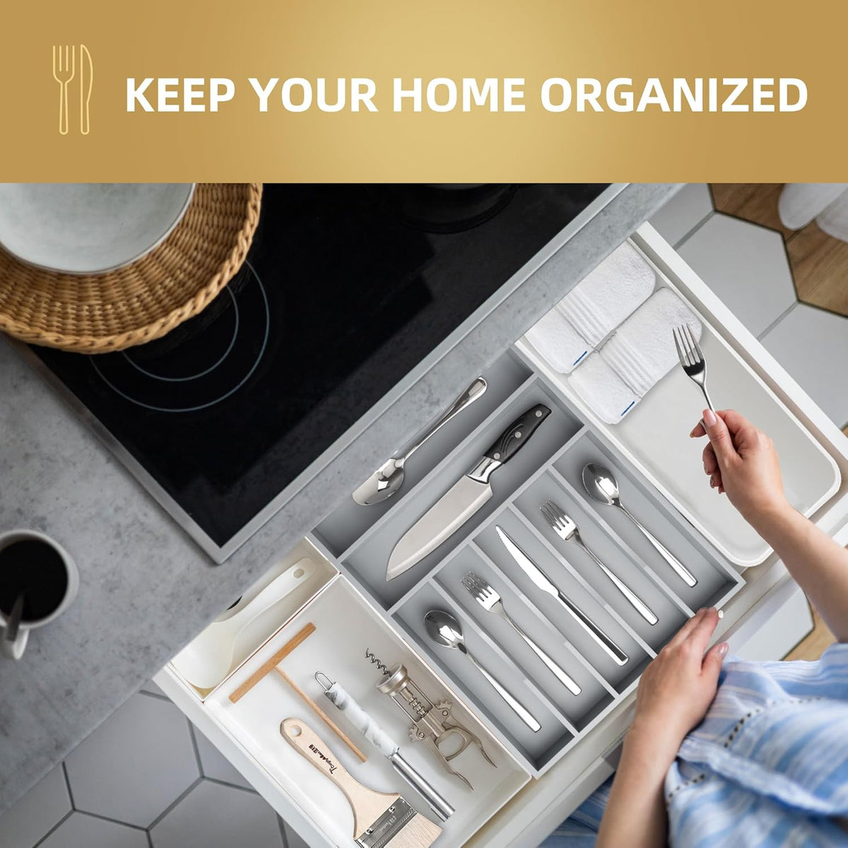 Silverware Organizer Kitchen Drawer Organizer Utensil Organizer Bamboo Silverware Holder Cutlery Organizer in Drawer Flatware Organizer Tray(7 slots, Natural