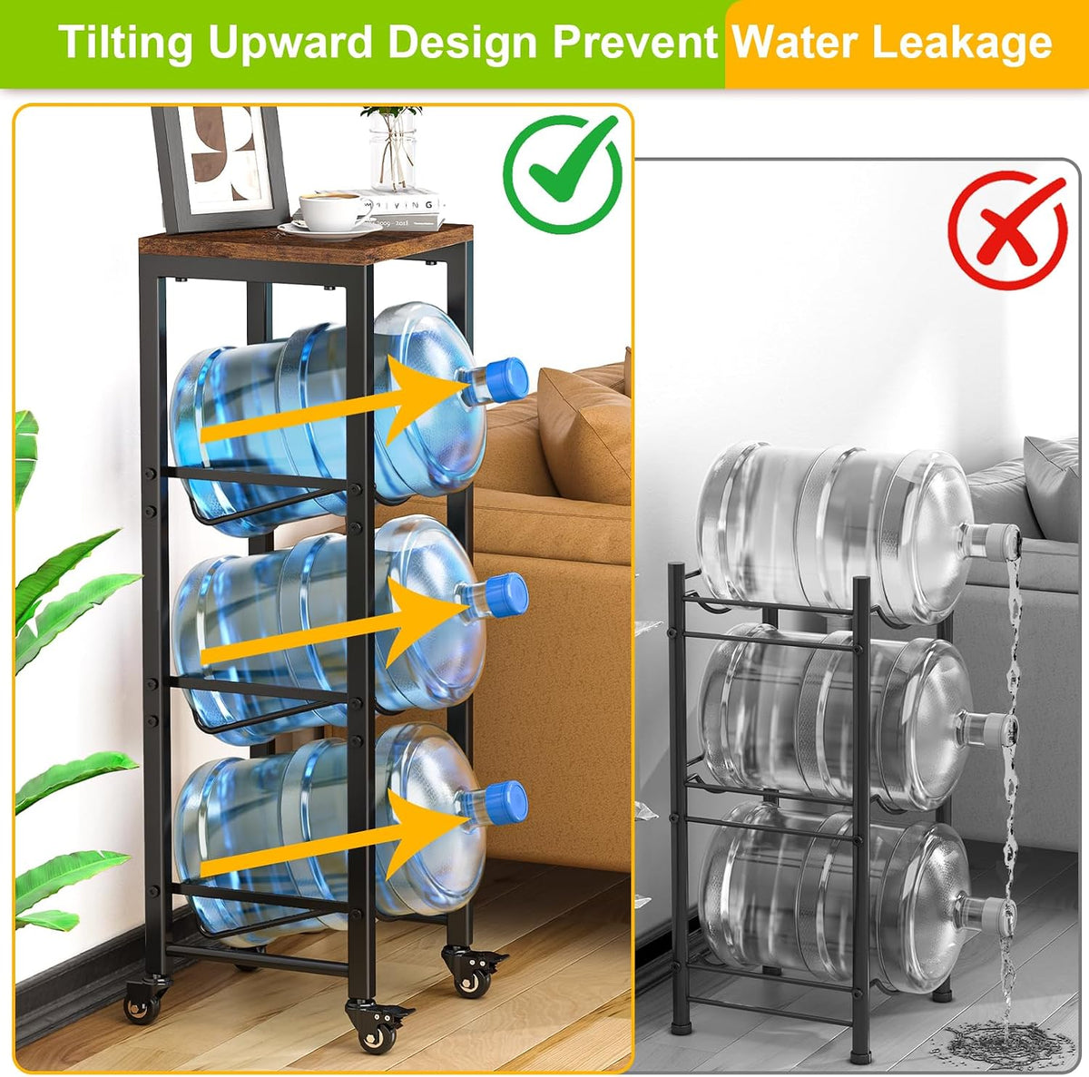 5 Gallon Water Bottle Holder, 3-Tier Water Jug Rack,Water Jug Stand With Lockable Casters,Heavy Duty Water Storage Rack Water Dispenser Stand,Water Jug Holder For Kitchen,Office,Garage,Brown