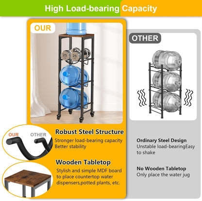 5 Gallon Water Bottle Holder, 3-Tier Water Jug Rack,Water Jug Stand With Lockable Casters,Heavy Duty Water Storage Rack Water Dispenser Stand,Water Jug Holder For Kitchen,Office,Garage,Brown