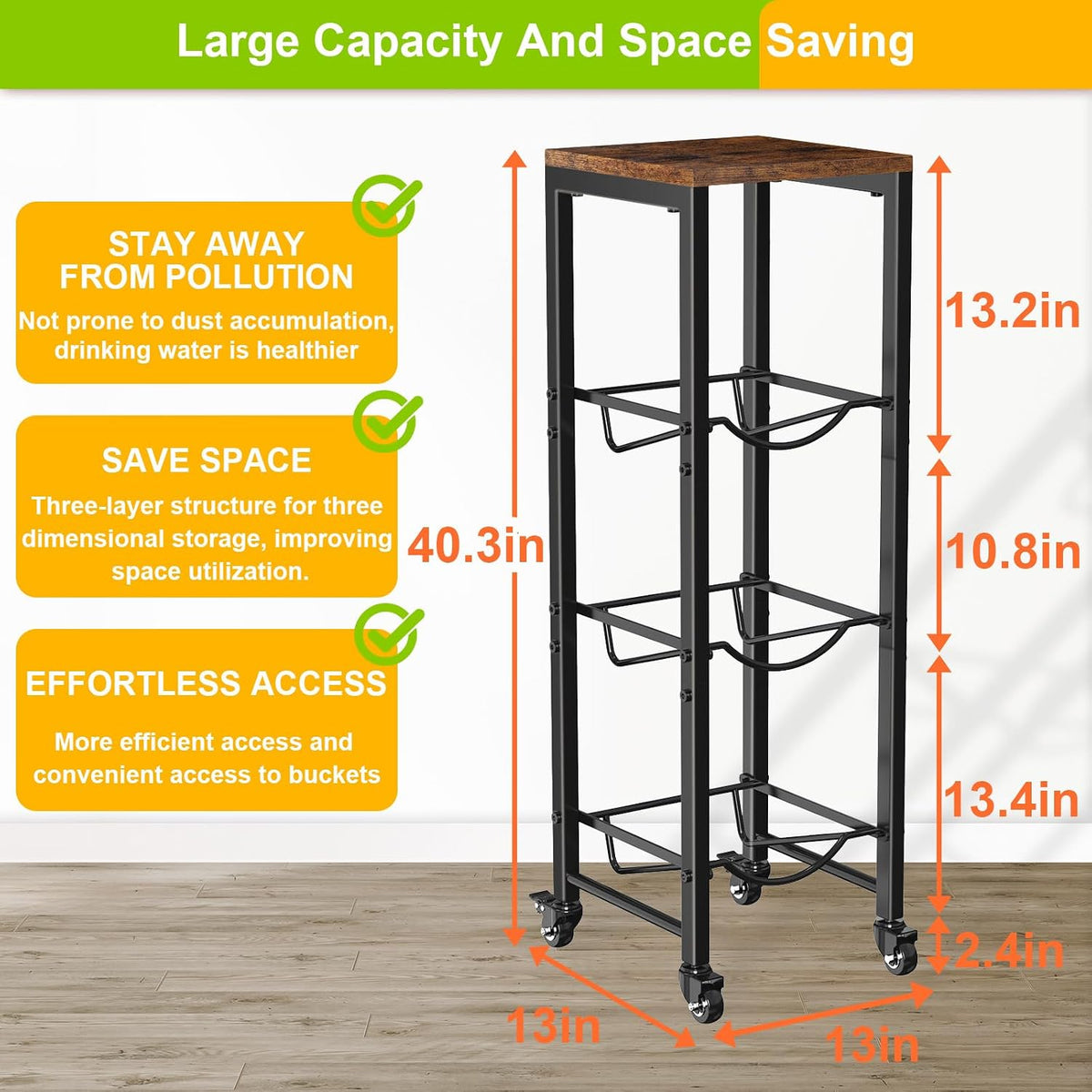 5 Gallon Water Bottle Holder, 3-Tier Water Jug Rack,Water Jug Stand With Lockable Casters,Heavy Duty Water Storage Rack Water Dispenser Stand,Water Jug Holder For Kitchen,Office,Garage,Brown