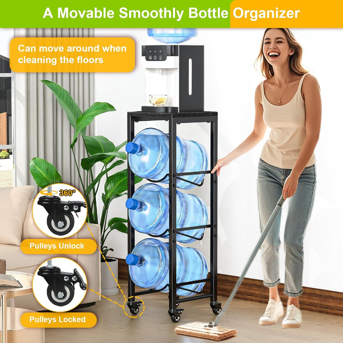 5 Gallon Water Bottle Holder, 3-Tier Water Jug Rack,Water Jug Stand With Lockable Casters,Heavy Duty Water Storage Rack Water Dispenser Stand,Water Jug Holder For Kitchen,Office,Garage,Brown
