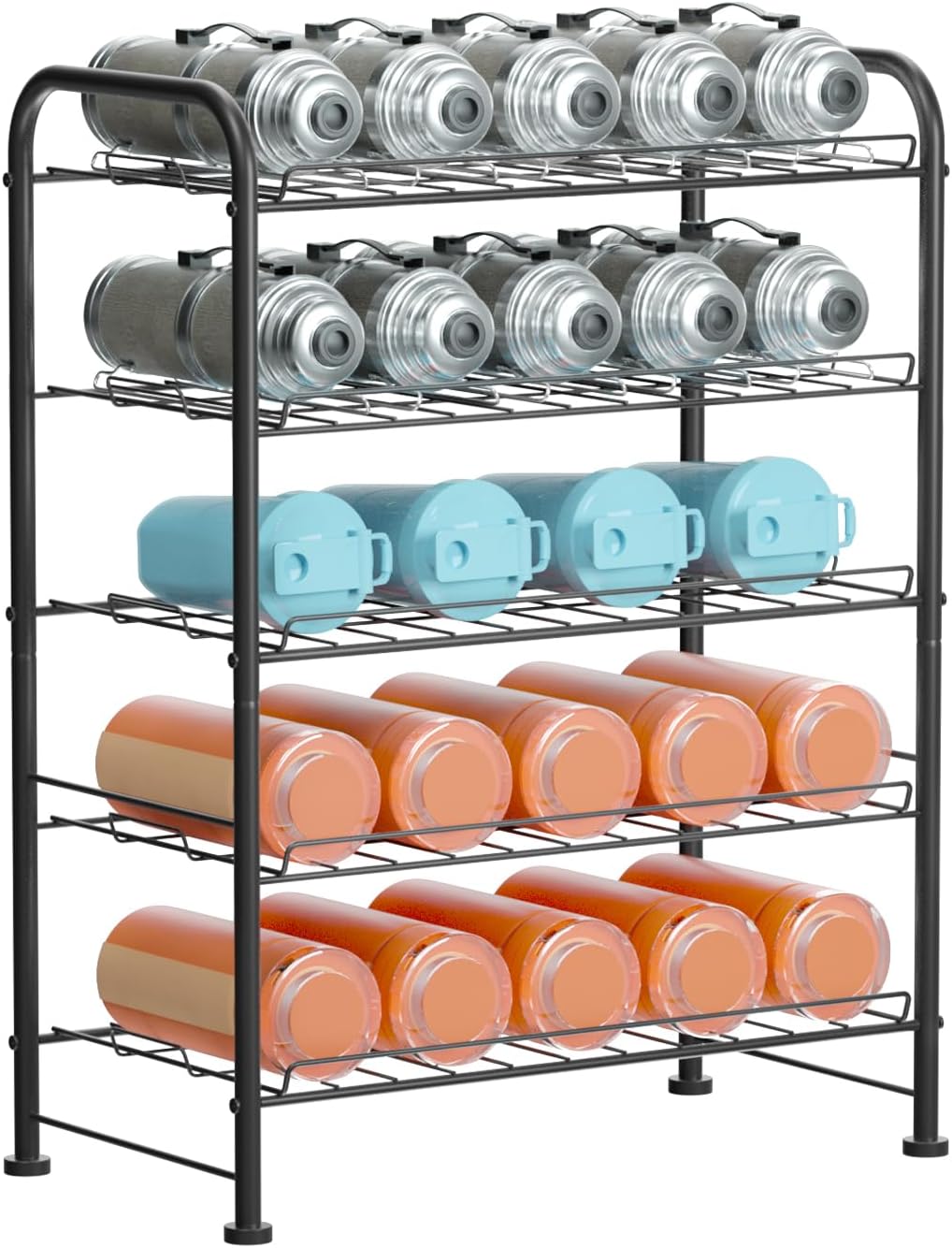 Water Bottle Holder Organizer 5 Tier Water Bottle Storage Rack, Freestanding Floor Beverage Soda Can Dispenser Organizer Rack for Pantry, Kitchen Countertop, Cabinet, Office, Hold 30 Bottles, Silver