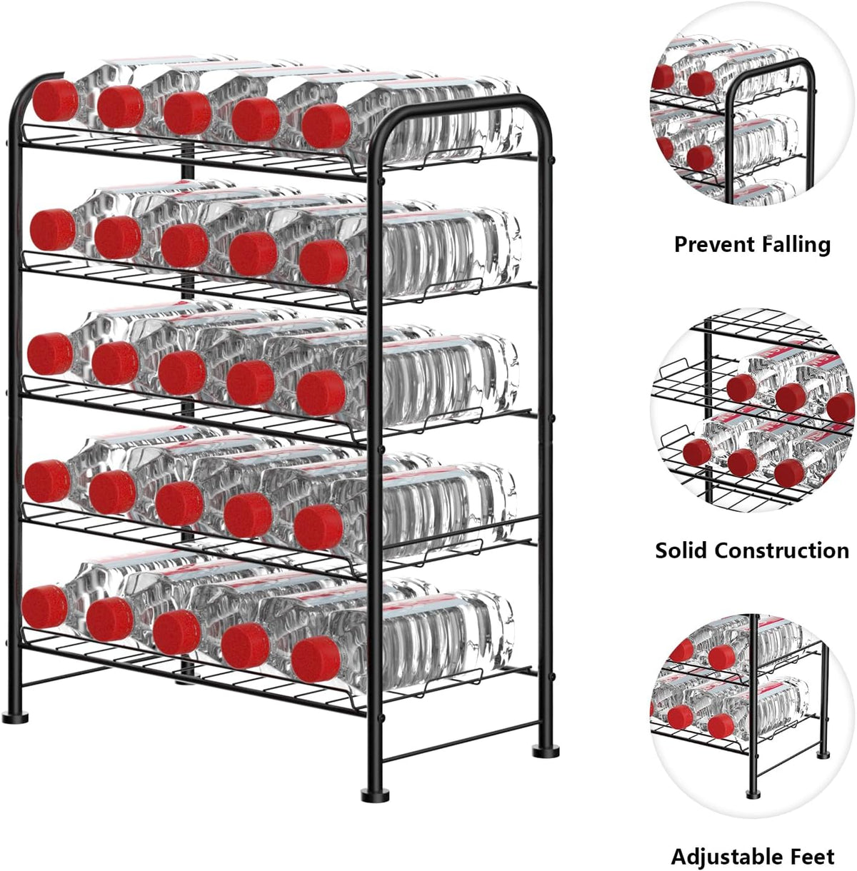 Water Bottle Holder Organizer 5 Tier Water Bottle Storage Rack, Freestanding Floor Beverage Soda Can Dispenser Organizer Rack for Pantry, Kitchen Countertop, Cabinet, Office, Hold 30 Bottles, Silver