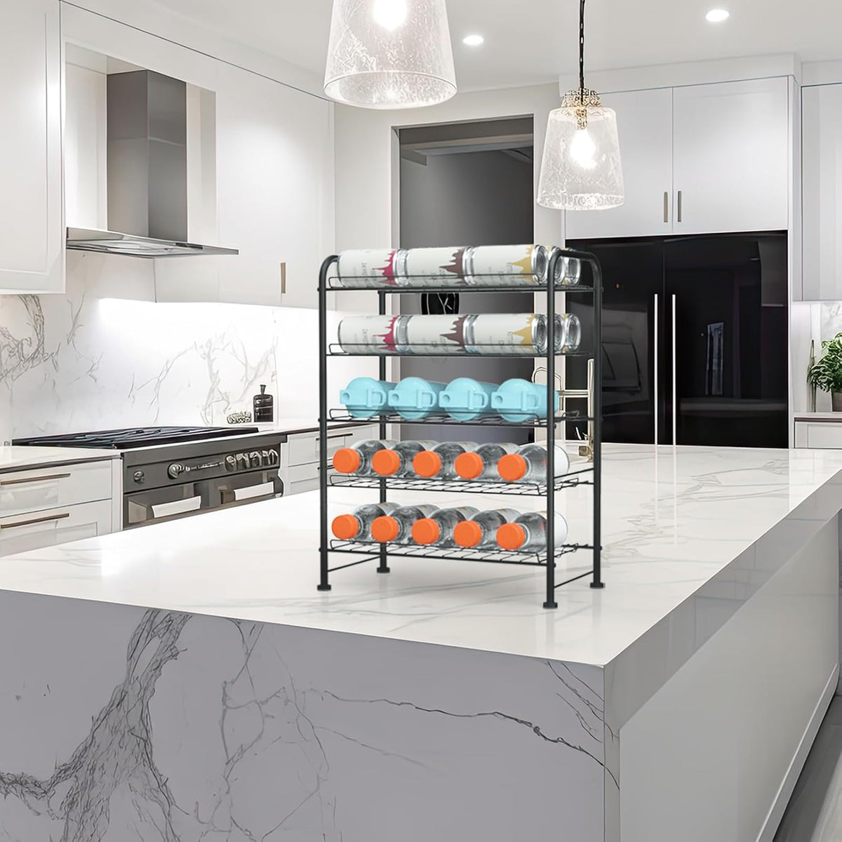Water Bottle Holder Organizer 5 Tier Water Bottle Storage Rack, Freestanding Floor Beverage Soda Can Dispenser Organizer Rack for Pantry, Kitchen Countertop, Cabinet, Office, Hold 30 Bottles, Silver
