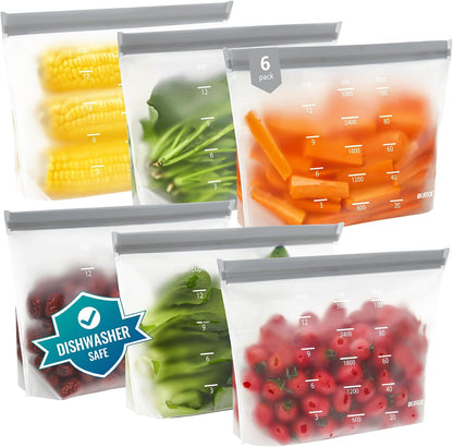 Reusable Bags Dishwasher Safe, BPA Free Reusable Gallon Freezer Bags, Stand Up Leakproof Food Storage Bags for Marinate Meats, Salad Fruit, Vegetables, Home Organization -Gray 6 Large Bags