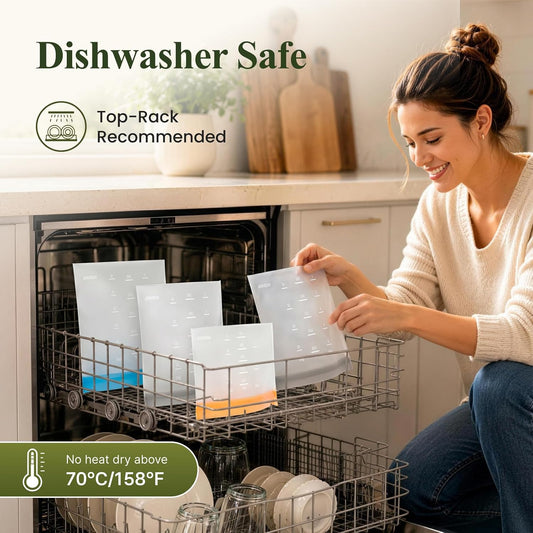 Reusable Bags Dishwasher Safe, BPA Free Reusable Gallon Freezer Bags, Stand Up Leakproof Food Storage Bags for Marinate Meats, Salad Fruit, Vegetables, Home Organization -Gray 6 Large Bags