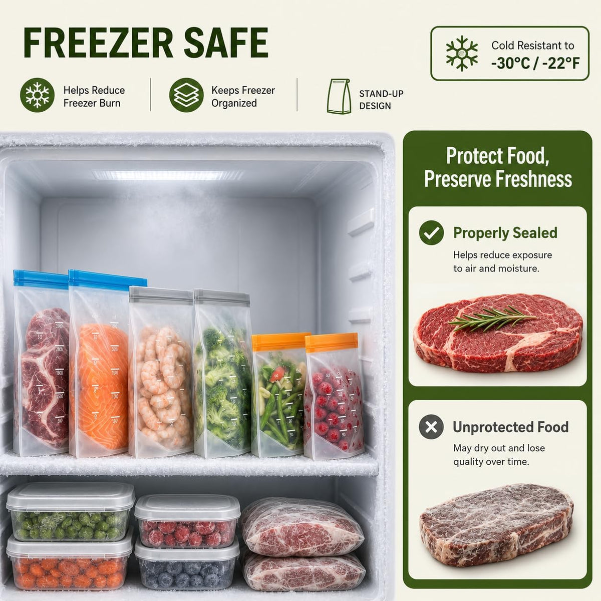 Reusable Bags Dishwasher Safe, BPA Free Reusable Gallon Freezer Bags, Stand Up Leakproof Food Storage Bags for Marinate Meats, Salad Fruit, Vegetables, Home Organization -Gray 6 Large Bags
