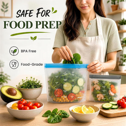 Reusable Bags Dishwasher Safe, BPA Free Reusable Gallon Freezer Bags, Stand Up Leakproof Food Storage Bags for Marinate Meats, Salad Fruit, Vegetables, Home Organization -Gray 6 Large Bags