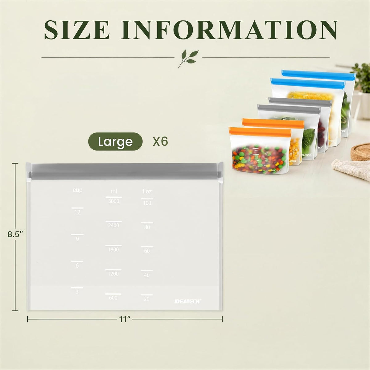 Reusable Bags Dishwasher Safe, BPA Free Reusable Gallon Freezer Bags, Stand Up Leakproof Food Storage Bags for Marinate Meats, Salad Fruit, Vegetables, Home Organization -Gray 6 Large Bags