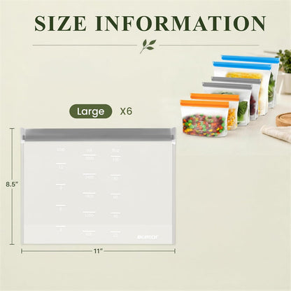 Reusable Bags Dishwasher Safe, BPA Free Reusable Gallon Freezer Bags, Stand Up Leakproof Food Storage Bags for Marinate Meats, Salad Fruit, Vegetables, Home Organization -Gray 6 Large Bags