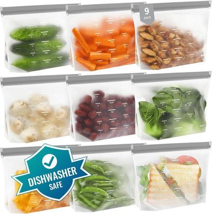 Reusable Bags Dishwasher Safe, BPA Free Reusable Gallon Freezer Bags, Stand Up Leakproof Food Storage Bags for Marinate Meats, Salad Fruit, Vegetables, Home Organization -Gray 6 Large Bags