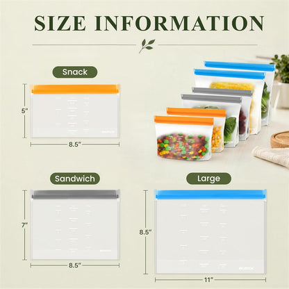 Reusable Bags Dishwasher Safe, BPA Free Reusable Gallon Freezer Bags, Stand Up Leakproof Food Storage Bags for Marinate Meats, Salad Fruit, Vegetables, Home Organization -Gray 6 Large Bags