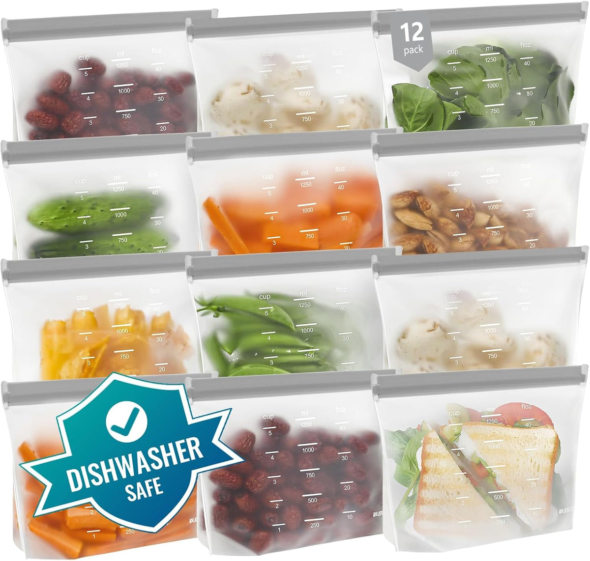 Reusable Bags Dishwasher Safe, BPA Free Reusable Gallon Freezer Bags, Stand Up Leakproof Food Storage Bags for Marinate Meats, Salad Fruit, Vegetables, Home Organization -Gray 6 Large Bags