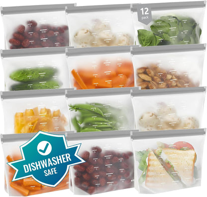Reusable Bags Dishwasher Safe, BPA Free Reusable Gallon Freezer Bags, Stand Up Leakproof Food Storage Bags for Marinate Meats, Salad Fruit, Vegetables, Home Organization -Gray 6 Large Bags