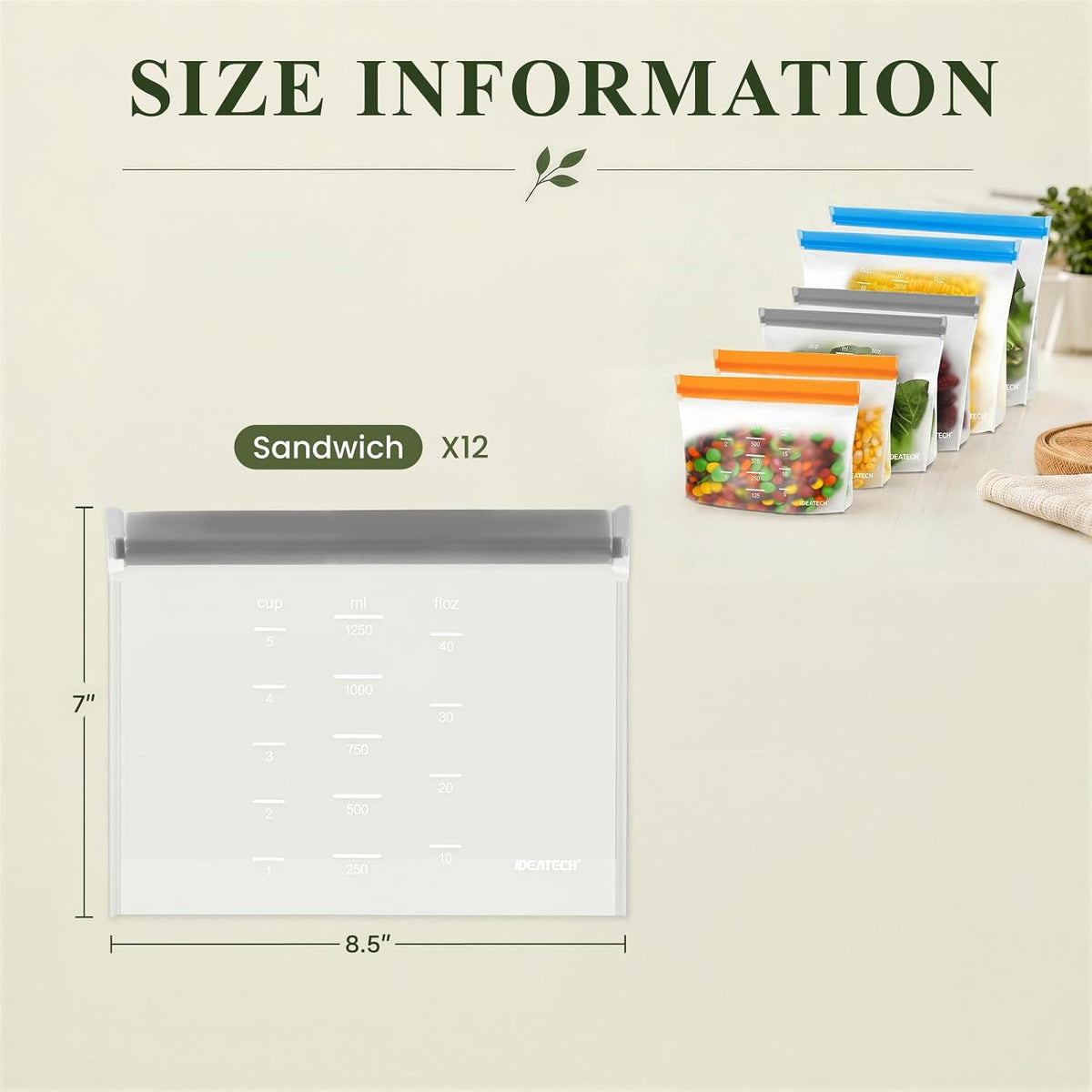 Reusable Bags Dishwasher Safe, BPA Free Reusable Gallon Freezer Bags, Stand Up Leakproof Food Storage Bags for Marinate Meats, Salad Fruit, Vegetables, Home Organization -Gray 6 Large Bags