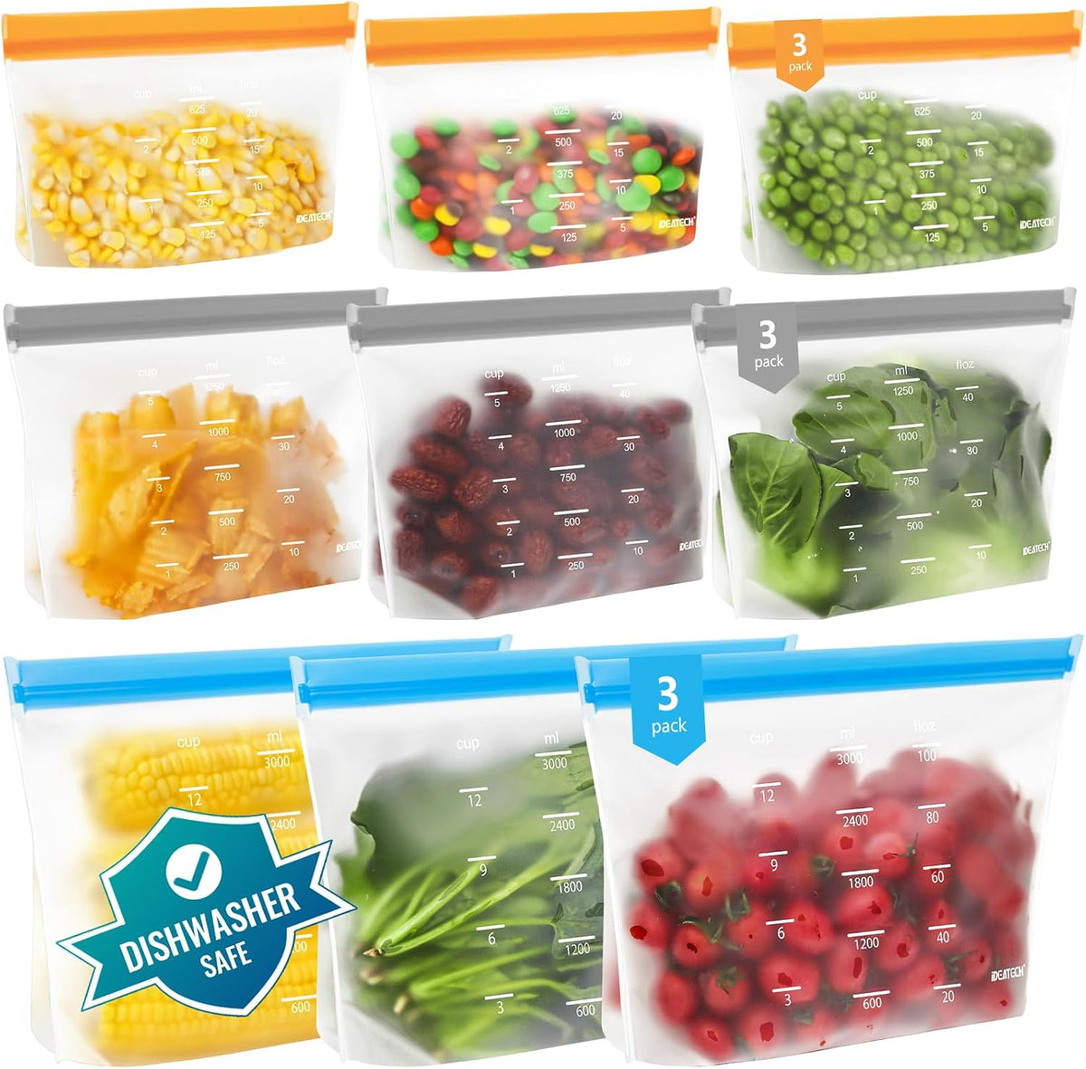 Reusable Bags Dishwasher Safe, BPA Free Reusable Gallon Freezer Bags, Stand Up Leakproof Food Storage Bags for Marinate Meats, Salad Fruit, Vegetables, Home Organization -Gray 6 Large Bags