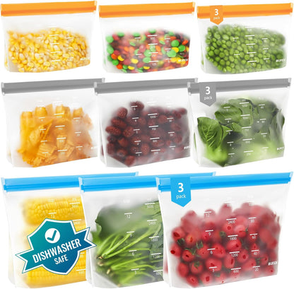 Reusable Bags Dishwasher Safe, BPA Free Reusable Gallon Freezer Bags, Stand Up Leakproof Food Storage Bags for Marinate Meats, Salad Fruit, Vegetables, Home Organization -Gray 6 Large Bags