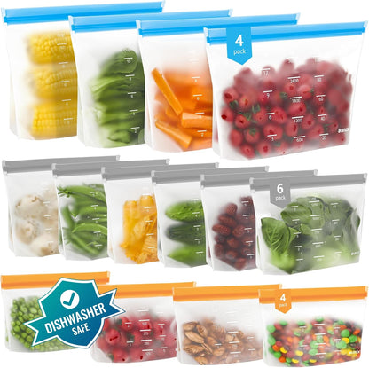 Reusable Bags Dishwasher Safe, BPA Free Reusable Gallon Freezer Bags, Stand Up Leakproof Food Storage Bags for Marinate Meats, Salad Fruit, Vegetables, Home Organization -Gray 6 Large Bags