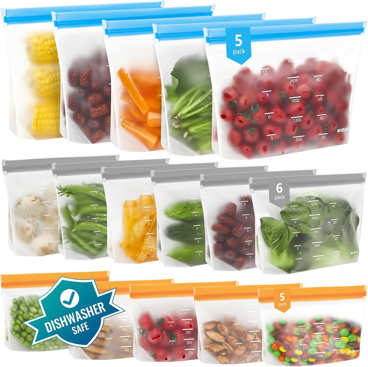 Reusable Bags Dishwasher Safe, BPA Free Reusable Gallon Freezer Bags, Stand Up Leakproof Food Storage Bags for Marinate Meats, Salad Fruit, Vegetables, Home Organization -Gray 6 Large Bags