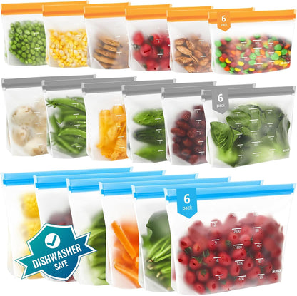 Reusable Bags Dishwasher Safe, BPA Free Reusable Gallon Freezer Bags, Stand Up Leakproof Food Storage Bags for Marinate Meats, Salad Fruit, Vegetables, Home Organization -Gray 6 Large Bags
