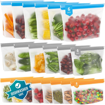 Reusable Bags Dishwasher Safe, BPA Free Reusable Gallon Freezer Bags, Stand Up Leakproof Food Storage Bags for Marinate Meats, Salad Fruit, Vegetables, Home Organization -Gray 6 Large Bags