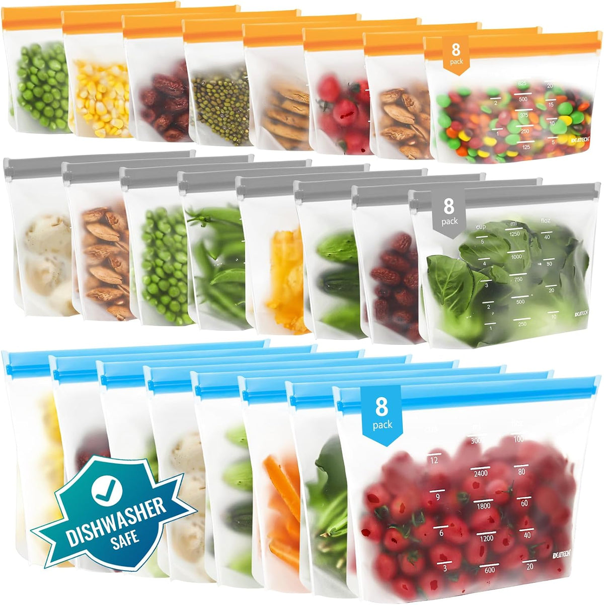 Reusable Bags Dishwasher Safe, BPA Free Reusable Gallon Freezer Bags, Stand Up Leakproof Food Storage Bags for Marinate Meats, Salad Fruit, Vegetables, Home Organization -Gray 6 Large Bags