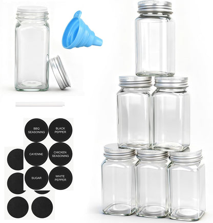 12/24/36 Pack Glass Spice Jars, 4oz Empty Spice Jars | with Metal Caps, Labels, Shaker Lids, Collapsible Funnel, Chalk Pen, Seasoning Organizer for Spice Rack